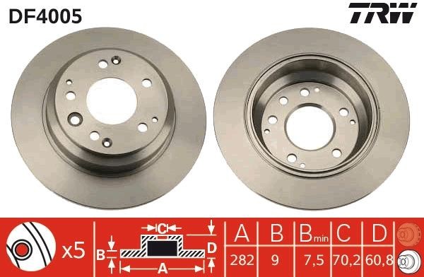 TRW DF4005 Brake disc 282x9mm, 5x114, solid, Painted