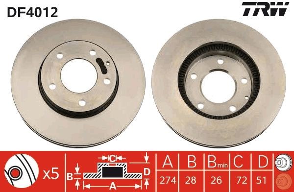 TRW DF4012 Brake disc 274x28mm, 5x114, Vented, Painted