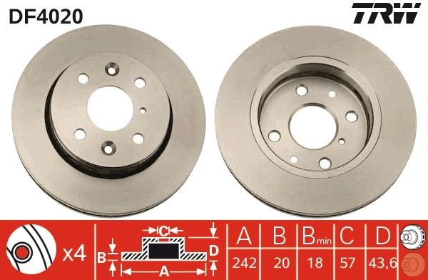 TRW DF4020 Brake disc 242x20mm, 4x100, Vented, Painted