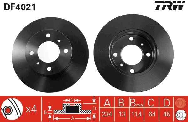 TRW DF4021 Brake disc 234x13mm, 4x100, solid, Painted