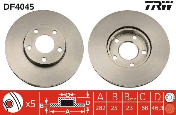 TRW 282x25mm, 5x112, Vented, Painted, High-carbon Ø: 282mm, Num. of holes: 5, Brake Disc Thickness: 25mm Brake rotor DF4045 buy