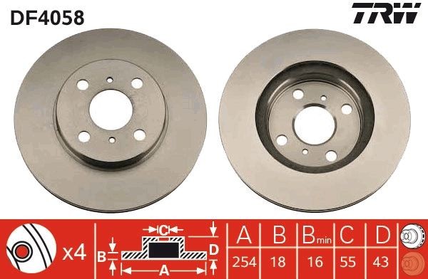 TRW DF4058 Brake disc 254x18mm, 4x100, Vented, Painted