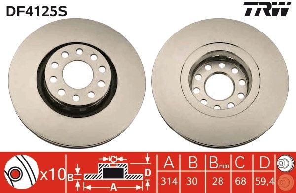 TRW DF4125S Brake disc 314x30mm, 10x112, Vented, Painted