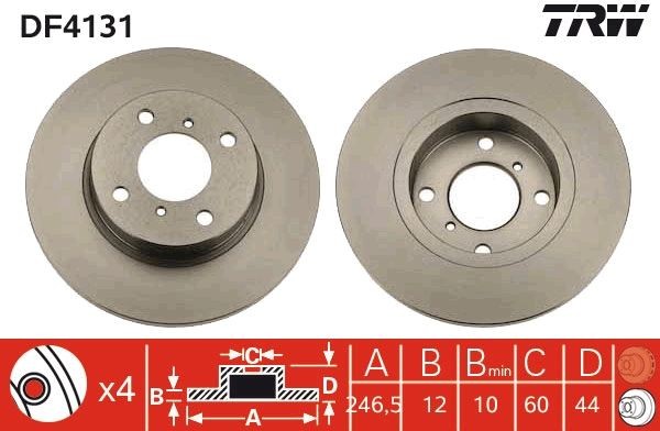 TRW 246,5x12mm, 4x100, solid, Painted Ø: 246,5mm, Num. of holes: 4, Brake Disc Thickness: 12mm Brake rotor DF4131 buy