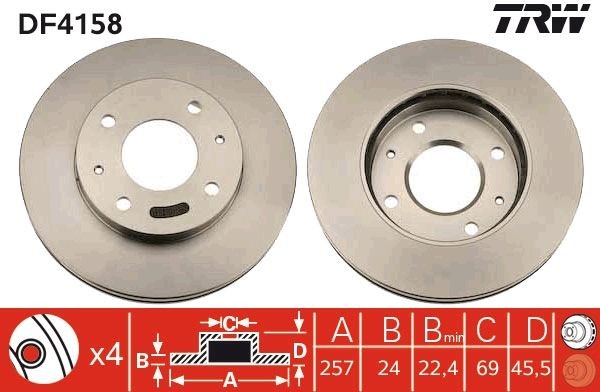 TRW DF4158 Brake disc 257x24mm, 4x114,3, Vented, Painted