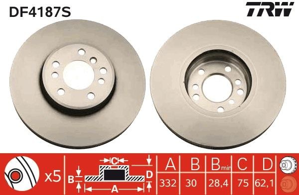 TRW DF4187S BMW X5 E53 2000 Brake discs Vented, Painted, High-carbon