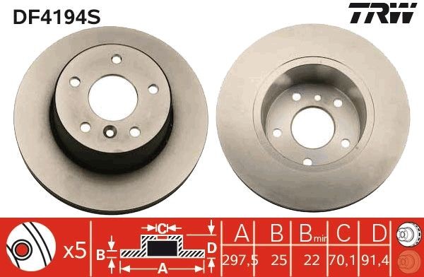 TRW 297,5x25mm, 5x120, Vented, Painted, High-carbon Ø: 297,5mm, Num. of holes: 5, Brake Disc Thickness: 25mm Brake rotor DF4194S buy