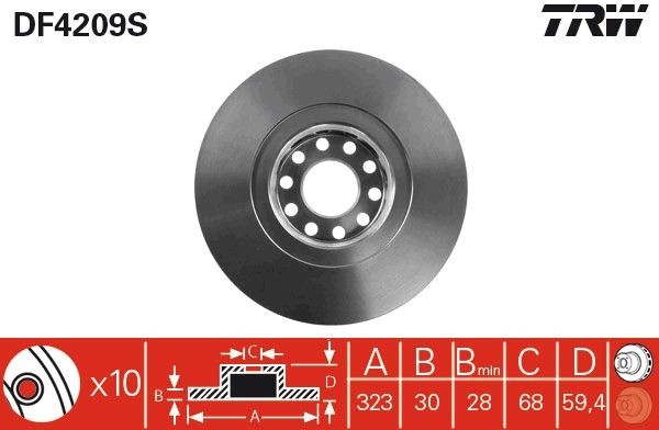 TRW 323x30mm, 10x112, Vented, Painted, High-carbon Ø: 323mm, Num. of holes: 10, Brake Disc Thickness: 30mm Brake rotor DF4209S buy