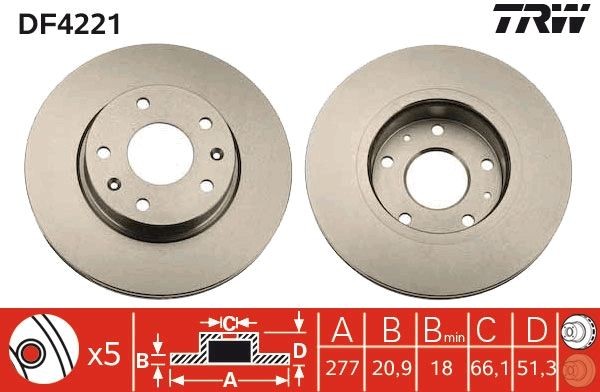 TRW 277x20,9mm, 5x120, Vented, Painted Ø: 277mm, Num. of holes: 5, Brake Disc Thickness: 20,9mm Brake rotor DF4221 buy