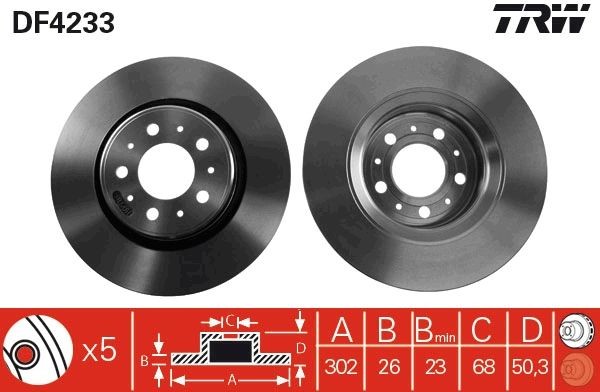 TRW DF4233 Brake disc 302x26mm, 5x108, Vented, Painted