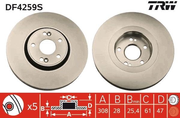 TRW DF4259S Brake disc 308x28mm, 5x108, Vented, Painted