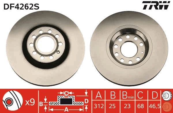 TRW DF4262S Brake disc 312x25mm, 9x112, Vented, Painted