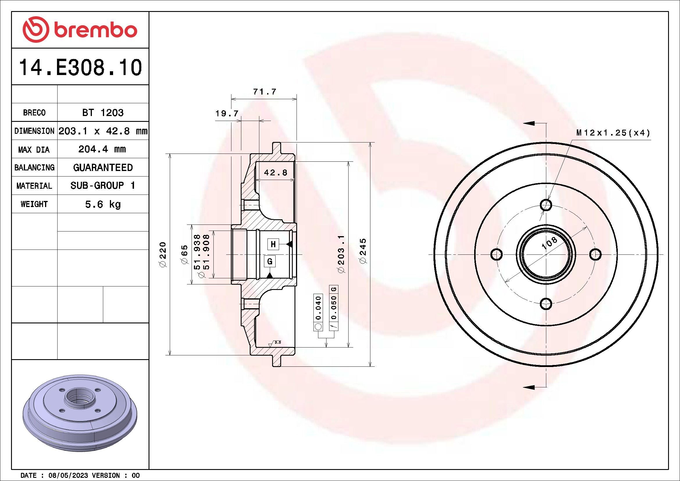 Peugeot 305 Brake drum 21894871 BREMBO 14.E308.10 online buy