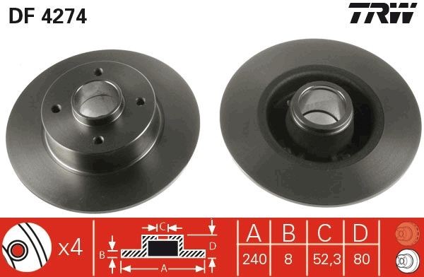 TRW 240x8mm, 4x100, solid Ø: 240mm, Num. of holes: 4, Brake Disc Thickness: 8mm Brake rotor DF4274 buy