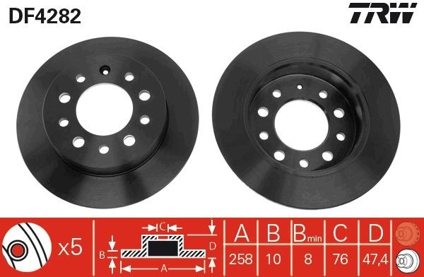 TRW 257,8x10mm, 5x114,3, solid, Painted Ø: 257,8mm, Num. of holes: 5, Brake Disc Thickness: 10mm Brake rotor DF4282 buy