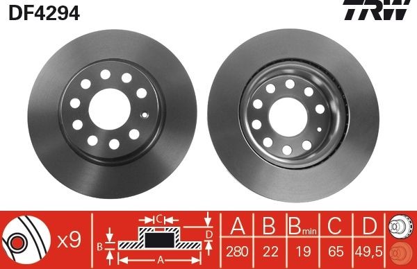 DF4294 Brake discs DF4294 TRW 280x22mm, 9x112, Vented, Painted, High-carbon