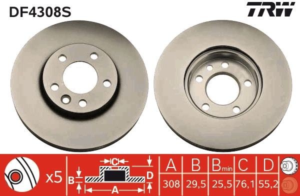 DF4308S Brake discs DF4308S TRW 308x29,5mm, 5x120, Vented, Painted, High-carbon