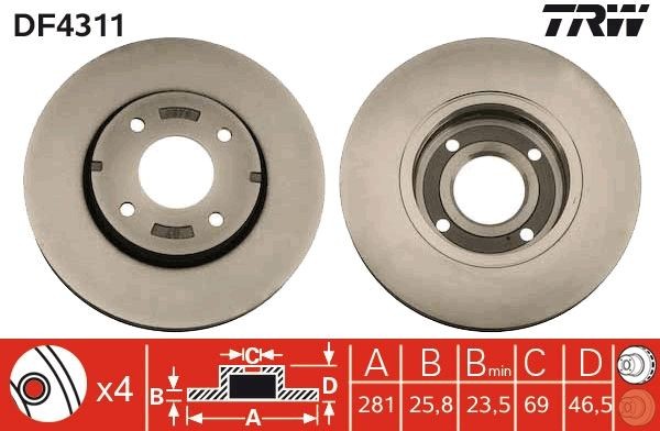 TRW DF4311 Brake disc 281x25,8mm, 4x114,3, Vented, Painted