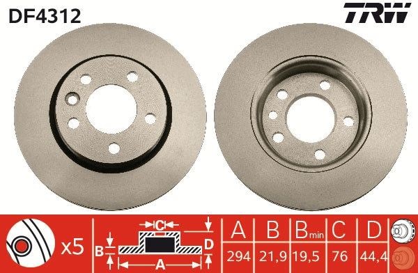 DF4312 Brake discs DF4312 TRW 294x22mm, 5x120, Vented, Painted, High-carbon
