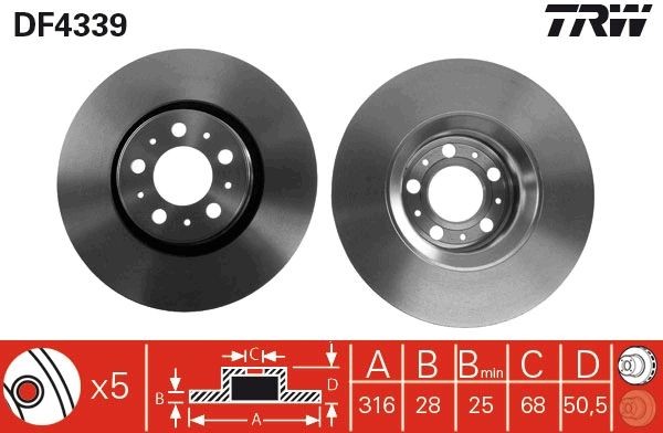 TRW DF4339 Brake disc 316x28mm, 5x108, Vented, Painted