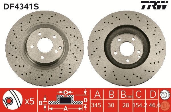 TRW DF4341S Brake disc 345x30mm, 5x112, slotted/perforated, Painted, High-carbon