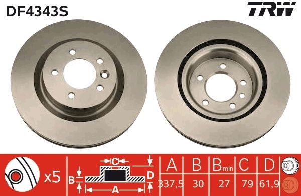 TRW DF4343S Brake disc 337x30mm, 5x120, Vented, Painted