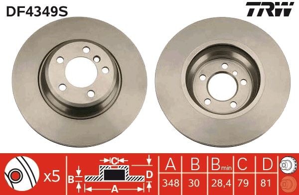 TRW DF4349S Brake disc 348x30mm, 5x115, Vented, Painted, High-carbon