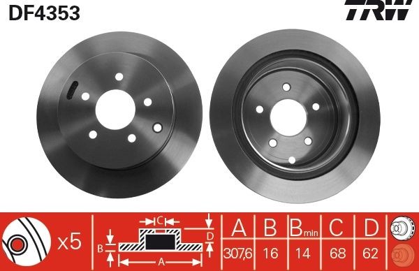 TRW 308x16mm, 5x114,3, Vented, Painted Ø: 308mm, Num. of holes: 5, Brake Disc Thickness: 16mm Brake rotor DF4353 buy