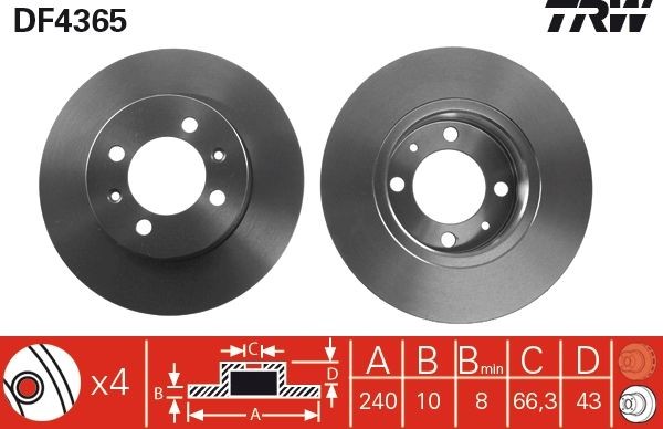 TRW DF4365 Brake disc 240x10mm, 4x95, solid, Painted