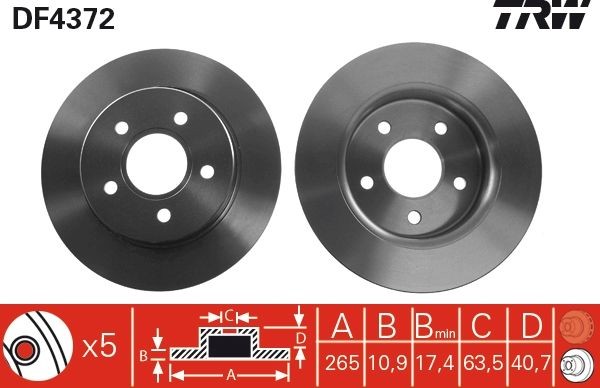 DF4372 Brake discs DF4372 TRW 265x11mm, 5x108, solid, Painted