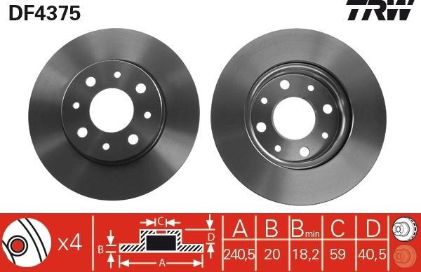 TRW 240,5x20mm, 4x98, Vented, Painted Ø: 240,5mm, Num. of holes: 4, Brake Disc Thickness: 20mm Brake rotor DF4375 buy