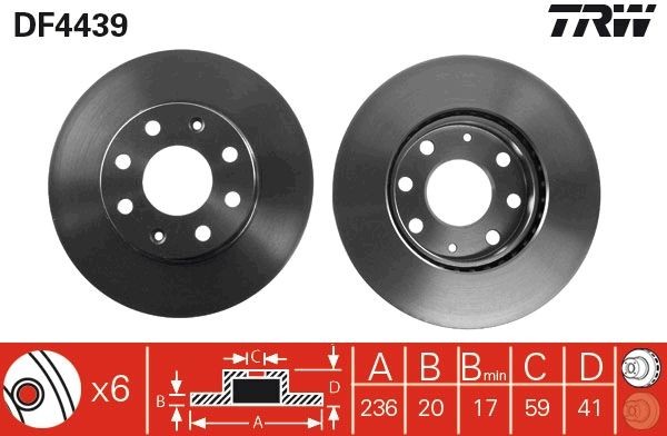 TRW 236x20mm, 6x100, Vented, Painted, High-carbon Ø: 236mm, Num. of holes: 6, Brake Disc Thickness: 20mm Brake rotor DF4439 buy