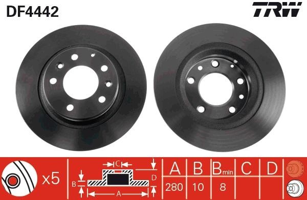 TRW 280x10mm, 5x114,3, solid, Painted Ø: 280mm, Num. of holes: 5, Brake Disc Thickness: 10mm Brake rotor DF4442 buy