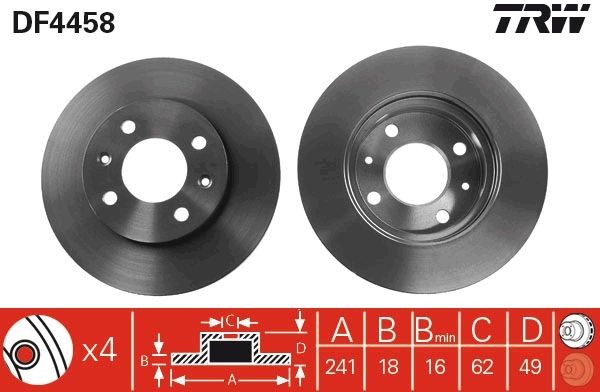 TRW 241x18mm, 4x100, Vented, Painted, High-carbon Ø: 241mm, Num. of holes: 4, Brake Disc Thickness: 18mm Brake rotor DF4458 buy
