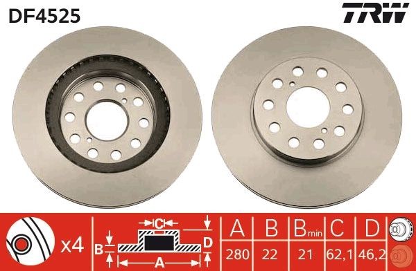 TRW DF4525 Brake disc 281x22mm, 5x114,3, Vented, Painted