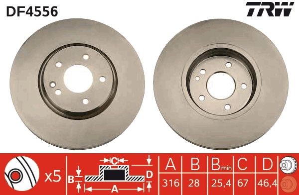 TRW DF4556 Brake disc 316x28mm, 5x112, Vented, Painted, High-carbon