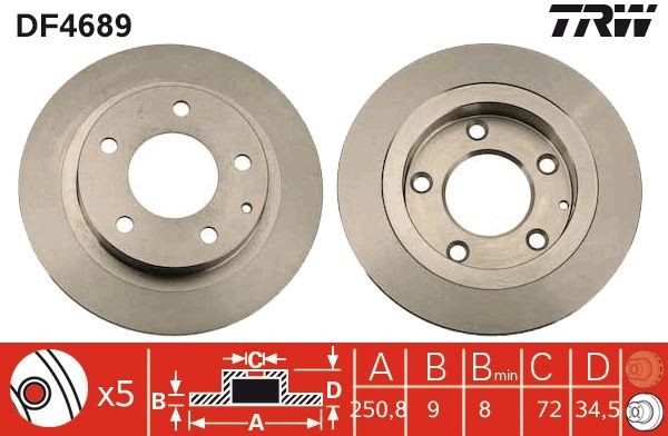 TRW DF4689 Brake disc 251x9mm, 5x114,3, solid, Painted
