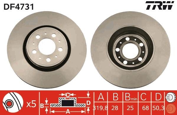 TRW 320x28mm, 5x108, Vented, Painted Ø: 320mm, Num. of holes: 5, Brake Disc Thickness: 28mm Brake rotor DF4731 buy