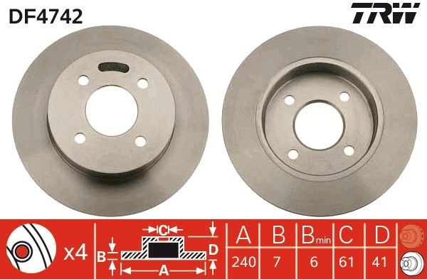 TRW DF4742 Brake disc 240x7mm, 4x100, solid, Painted