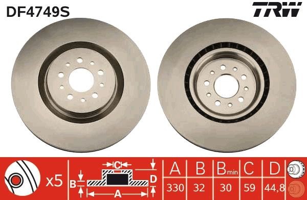 TRW DF4749S Brake disc 330x32mm, 5x98, Vented, Painted, High-carbon