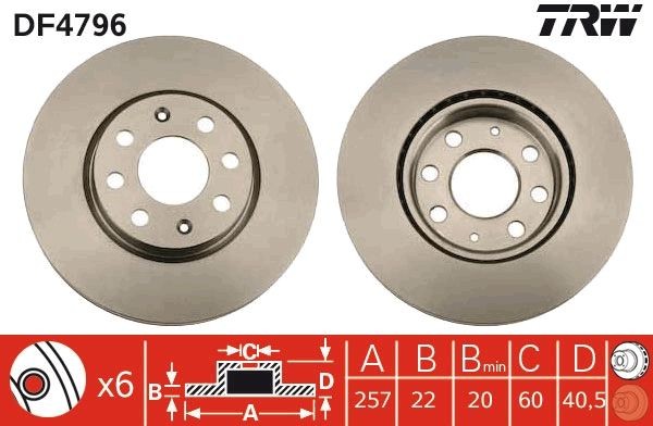 TRW DF4796 Brake rotor 257x22mm, 6x100, Vented, Painted