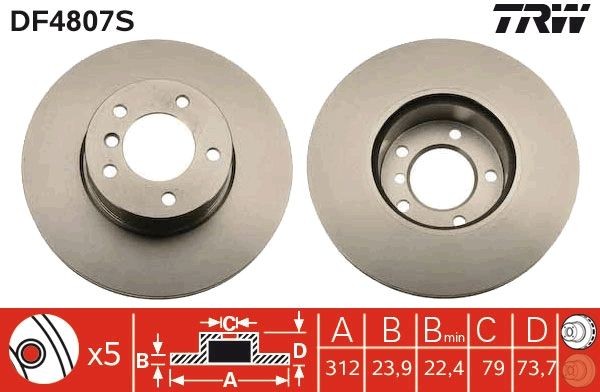 DF4807S Brake discs DF4807S TRW 312x24mm, 5x120, Vented, Painted, High-carbon