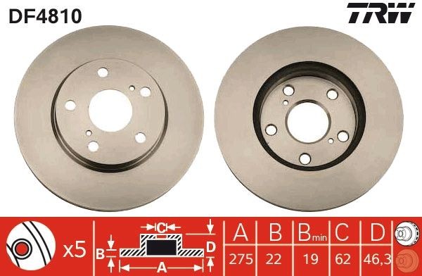 TRW 275x22mm, 5x114,3, Vented, Painted Ø: 275mm, Num. of holes: 5, Brake Disc Thickness: 22mm Brake rotor DF4810 buy