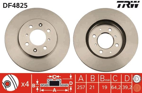 TRW DF4825 Brake disc 258x21mm, 4x100, Vented, Painted