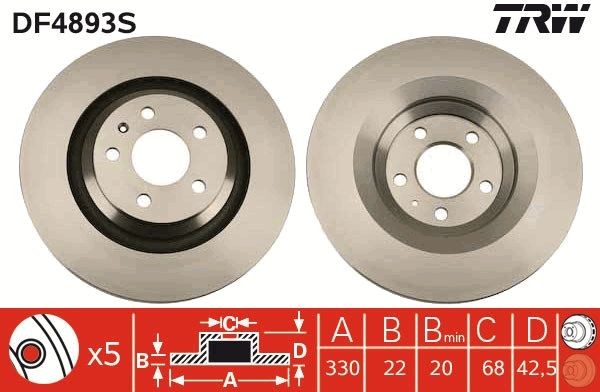TRW DF4893S Brake disc 330x22mm, 5x112, Vented, Painted