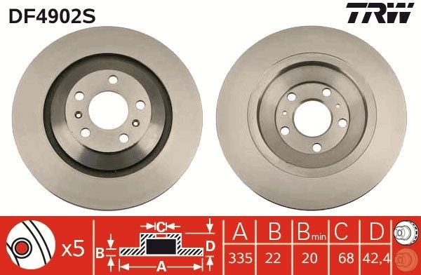 TRW 335x22mm, 5x112, Vented, Painted, High-carbon Ø: 335mm, Num. of holes: 5, Brake Disc Thickness: 22mm Brake rotor DF4902S buy