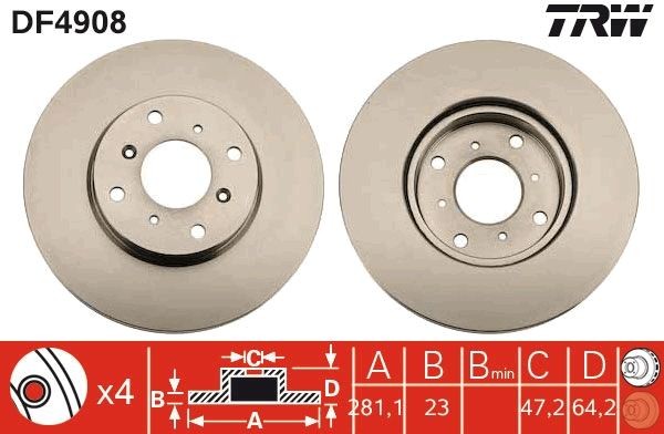 TRW DF4908 Brake disc 282x23mm, 4x114,3, Vented, Painted