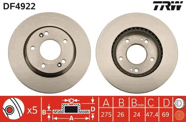 TRW DF4922 Brake disc 275x26mm, 5x114,3, Vented, Painted