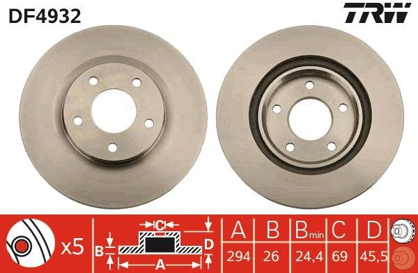 DF4932 Brake discs DF4932 TRW 294x26mm, 5x114,3, Vented, Painted, High-carbon