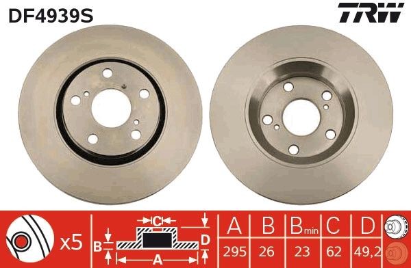 DF4939S Brake discs DF4939S TRW 295x26mm, 5x114,3, Vented, Painted, High-carbon